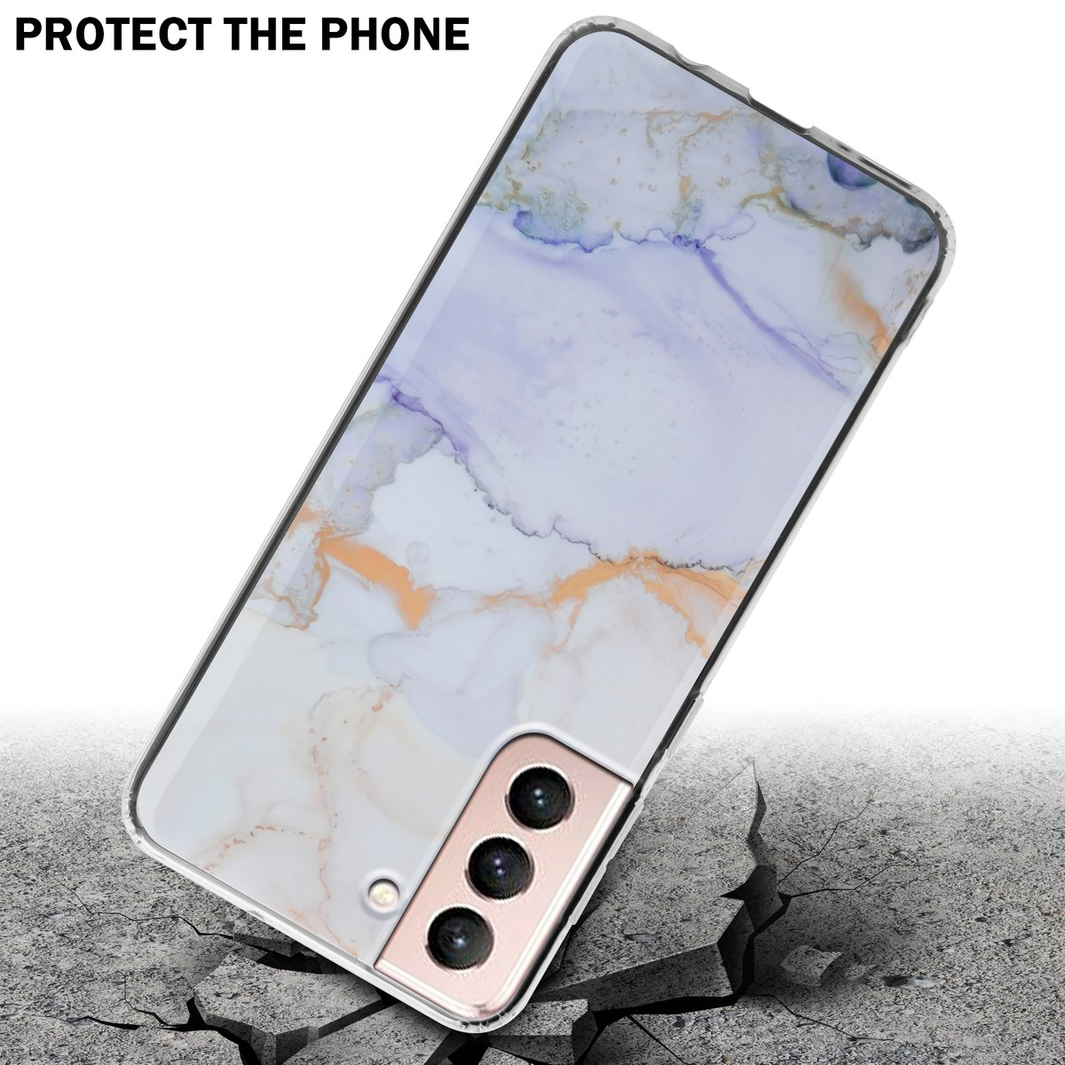 Una custodia per telefono con un design marmorizzato è mostrata su una superficie incrinata. La custodia protegge il telefono.