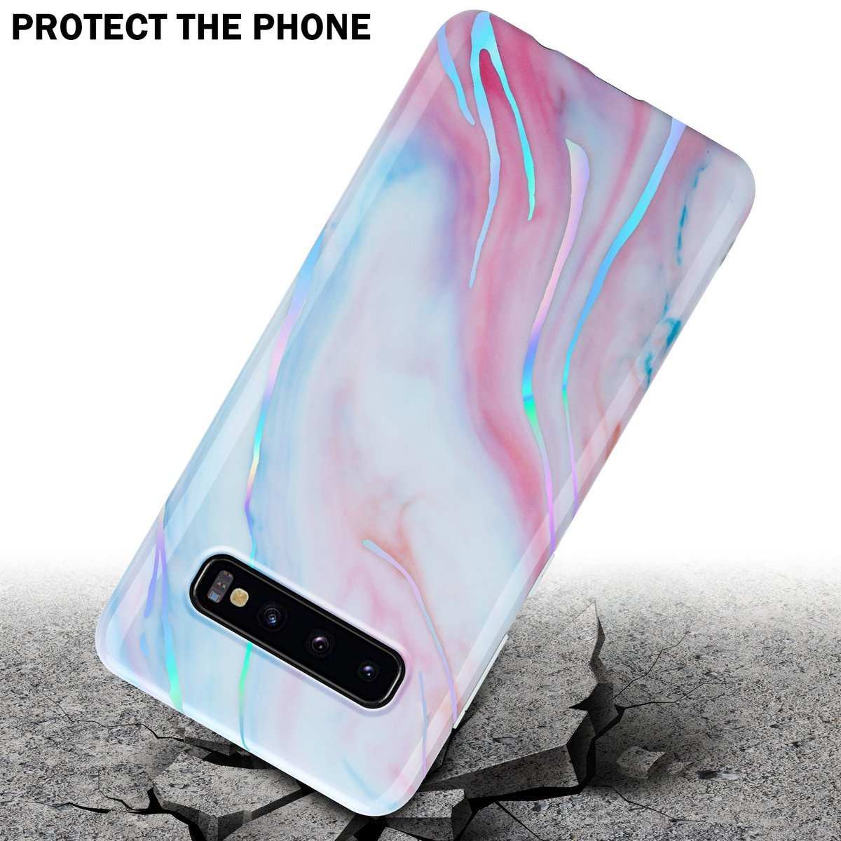 Custodia per telefono bianca e blu con design a marmo, caduta su un terreno crepato.