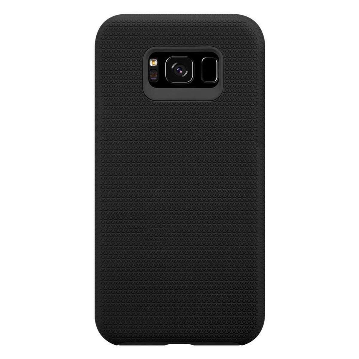 Una custodia per telefono nera con retro strutturato, che mostra fotocamera e flash.
