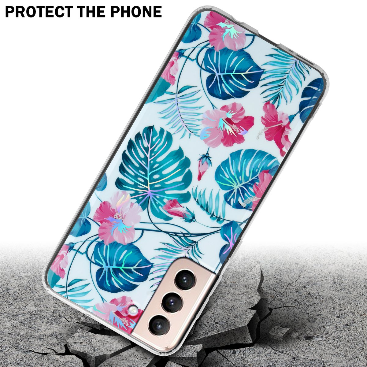 Telefono con custodia floreale. Il telefono sta cadendo e la custodia ha un motivo floreale.