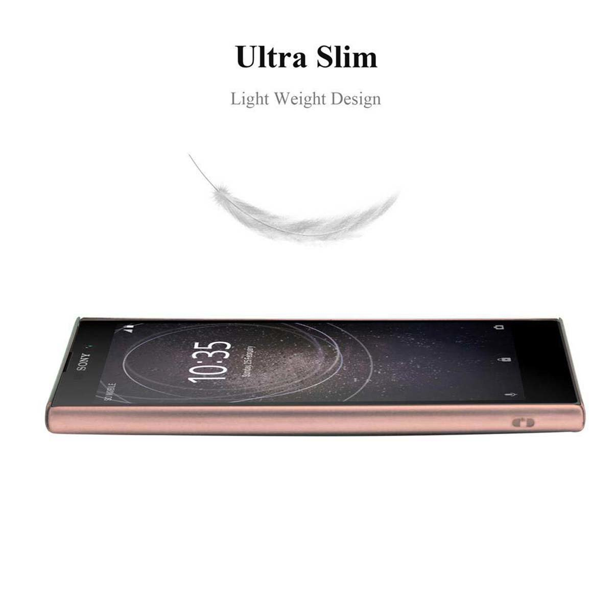 Una custodia per telefono color oro rosa con una grafica a piuma leggera sopra, su sfondo bianco.