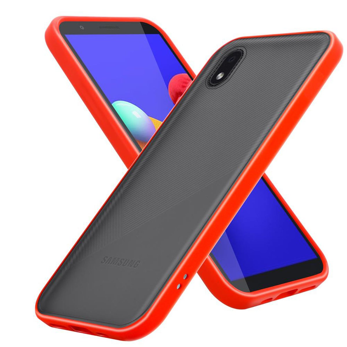 Zwei Telefone, eines rot und eines blau, mit schwarzen Rückseiten. Das Telefon oben ist abgewinkelt.
