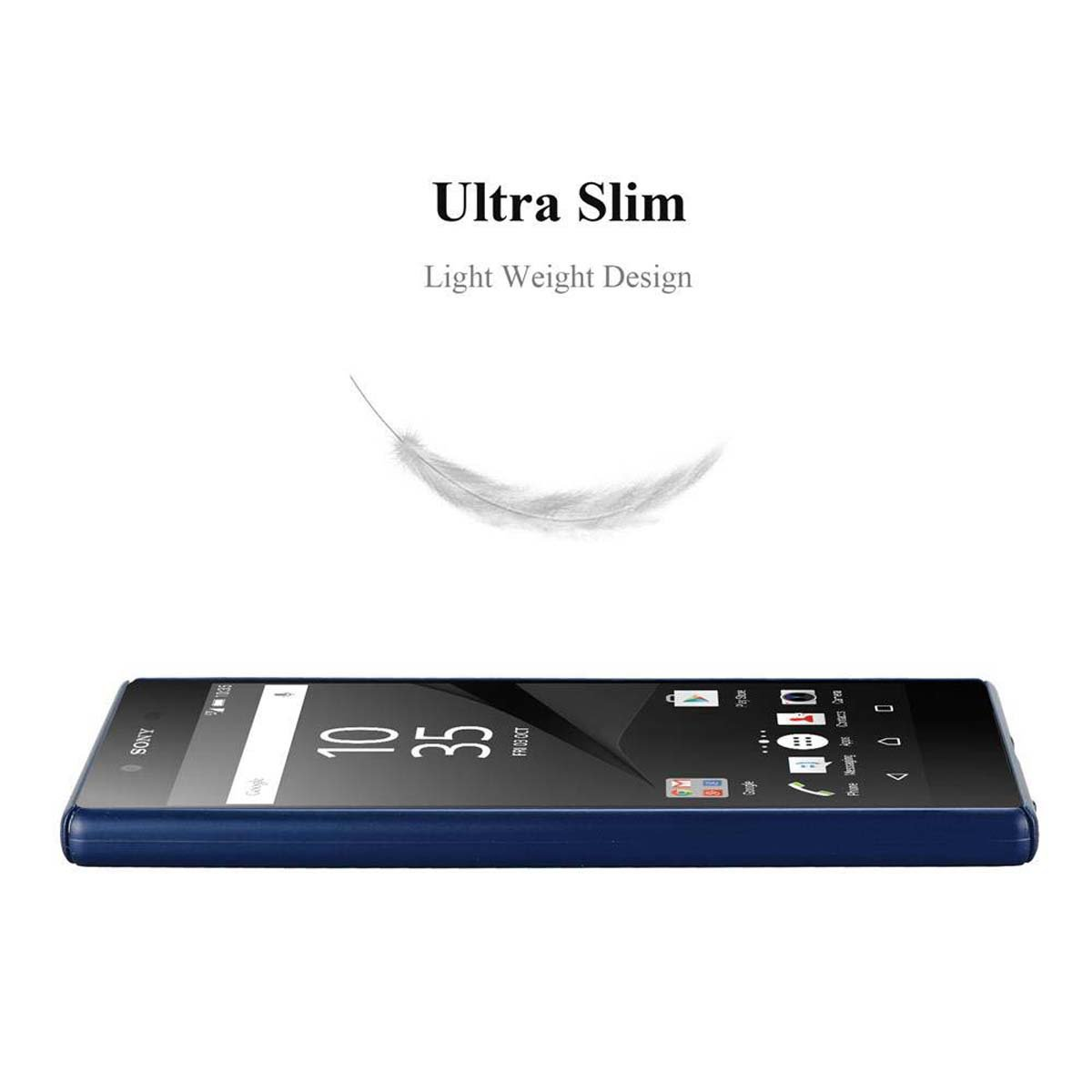 Un telefono blu sottile è appoggiato sul lato. Lo schermo è acceso. Sfondo bianco.