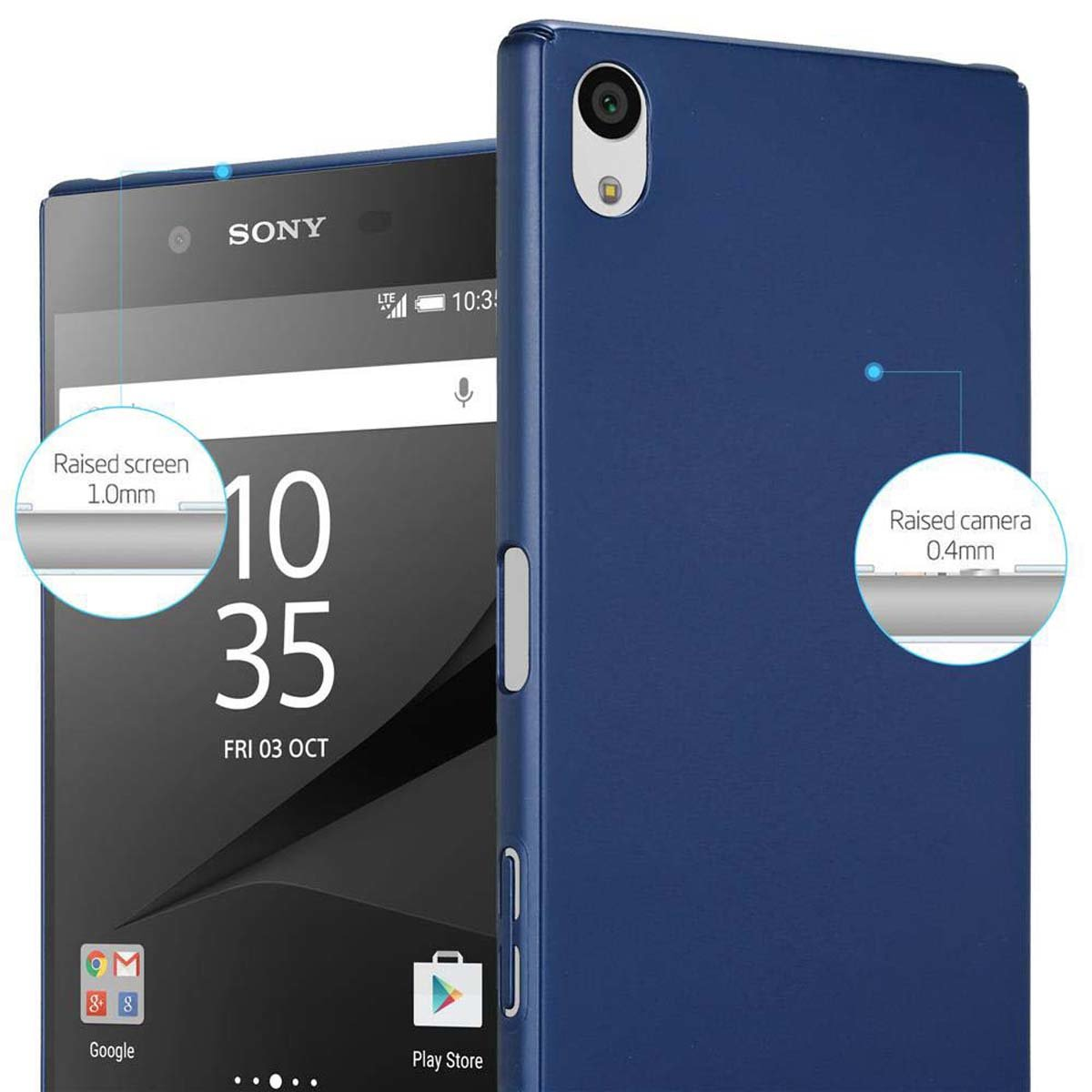 Custodia blu per telefono con telefono all'interno. Il telefono mostra l'ora e le icone.