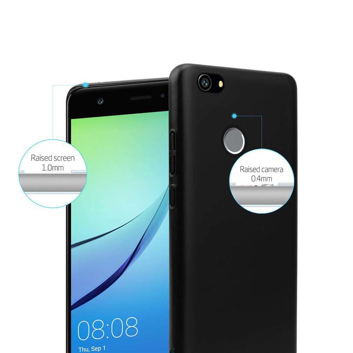 Schwarze Handyhülle mit Kamera- und Bildschirmdetails, erhöhter Bildschirm und Kamera, weißer Hintergrund.