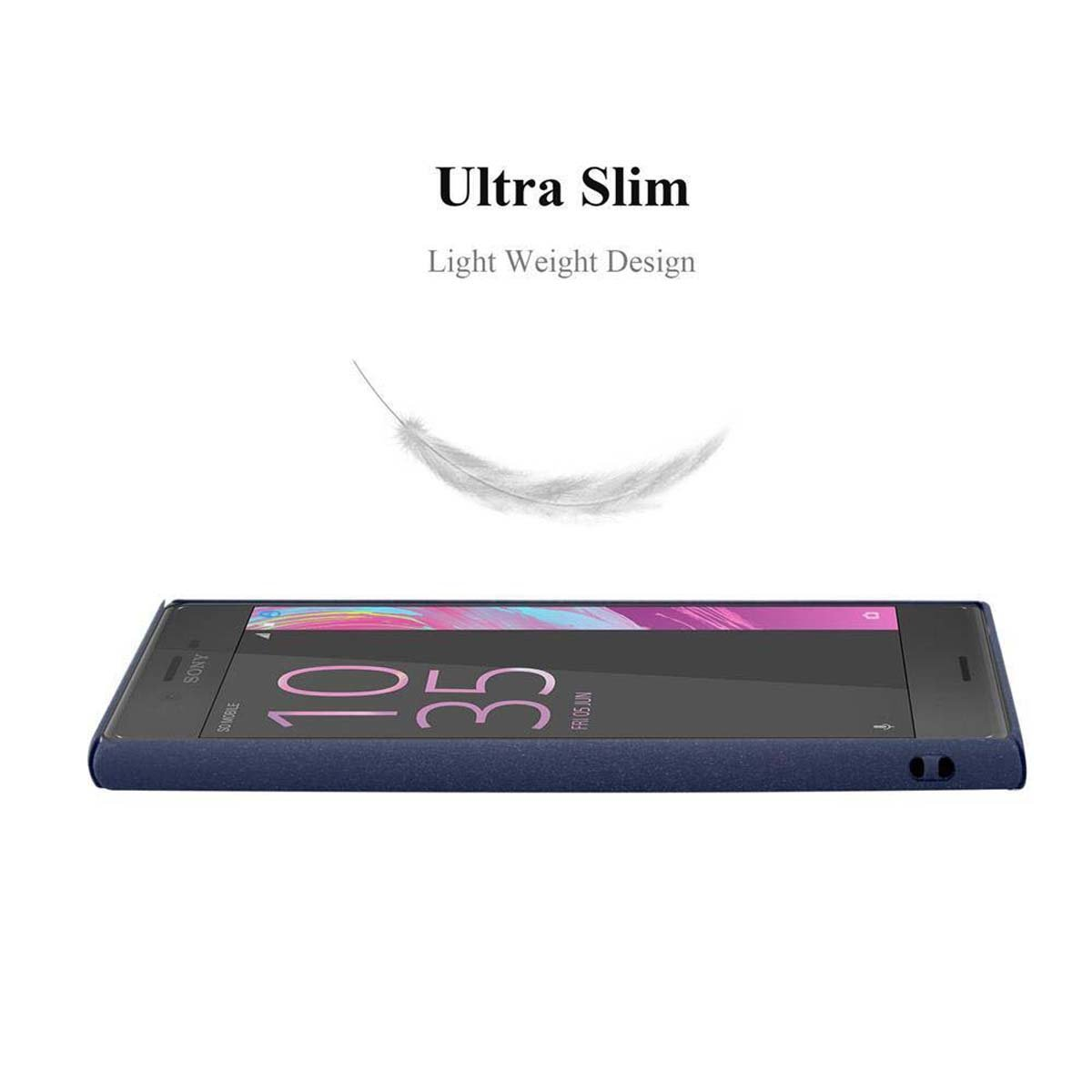 Telefono di lato, custodia blu navy, con testo 'Ultra Slim, Light Weight Design' e una piuma.