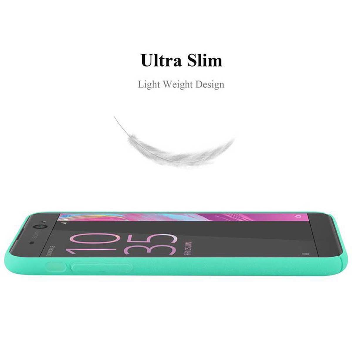 Un telefono sottile, color menta, con una piuma fluttuante sopra. Design ultra sottile.