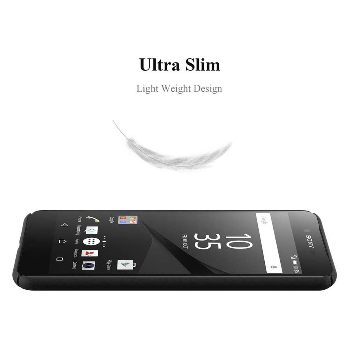 Telefono nero con schermo acceso, che mostra l'ora e la data. Una piuma fluttua sopra. Testo: 'Ultra Slim'.
