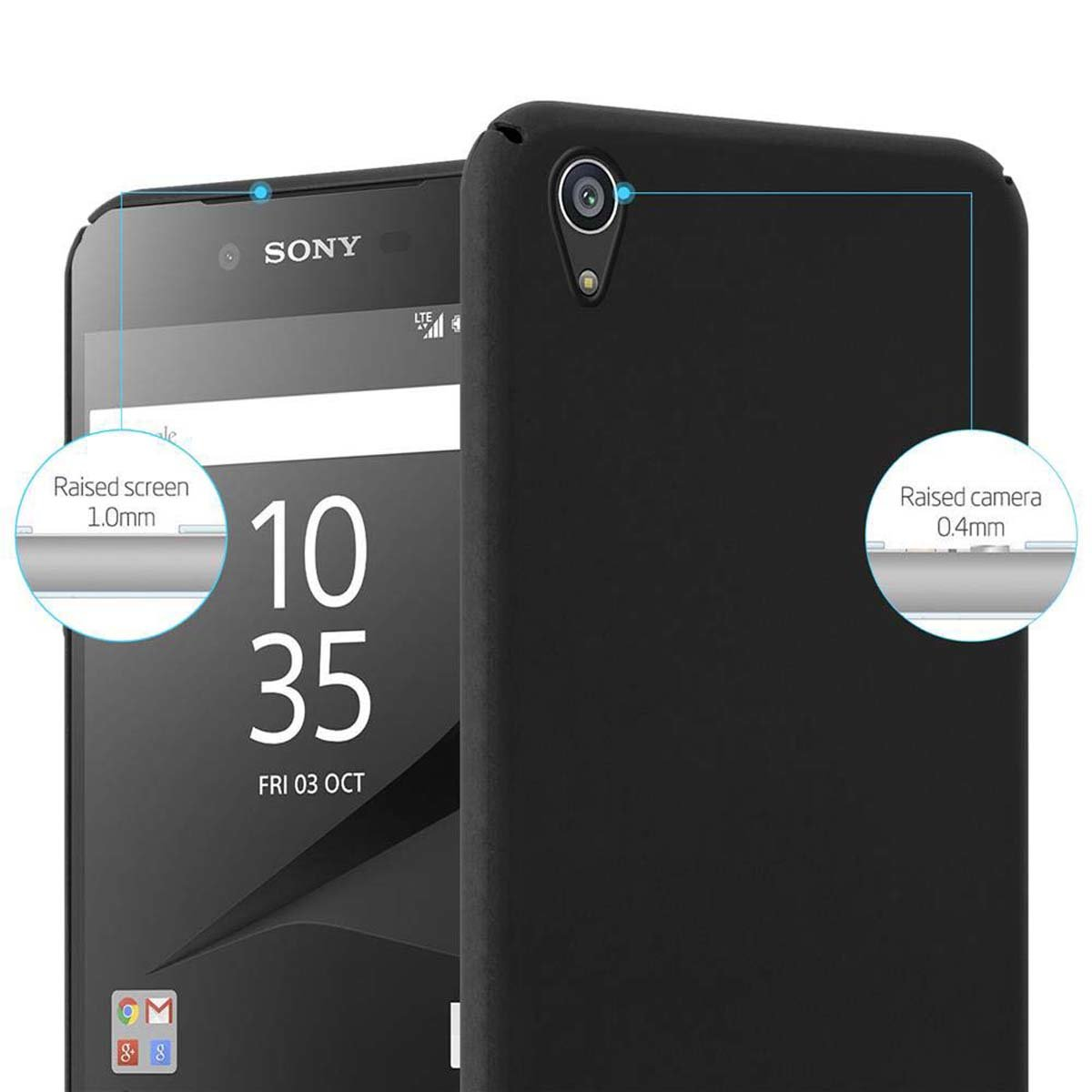 Telefono Sony nero con schermo e dettagli fotocamera rialzati. Vengono visualizzati data e ora.