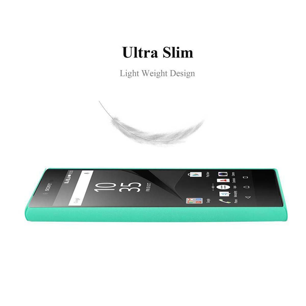 Smartphone auf türkisfarbenem Case mit dem Text 'Ultra Slim' und einer Feder. Weißer Hintergrund.