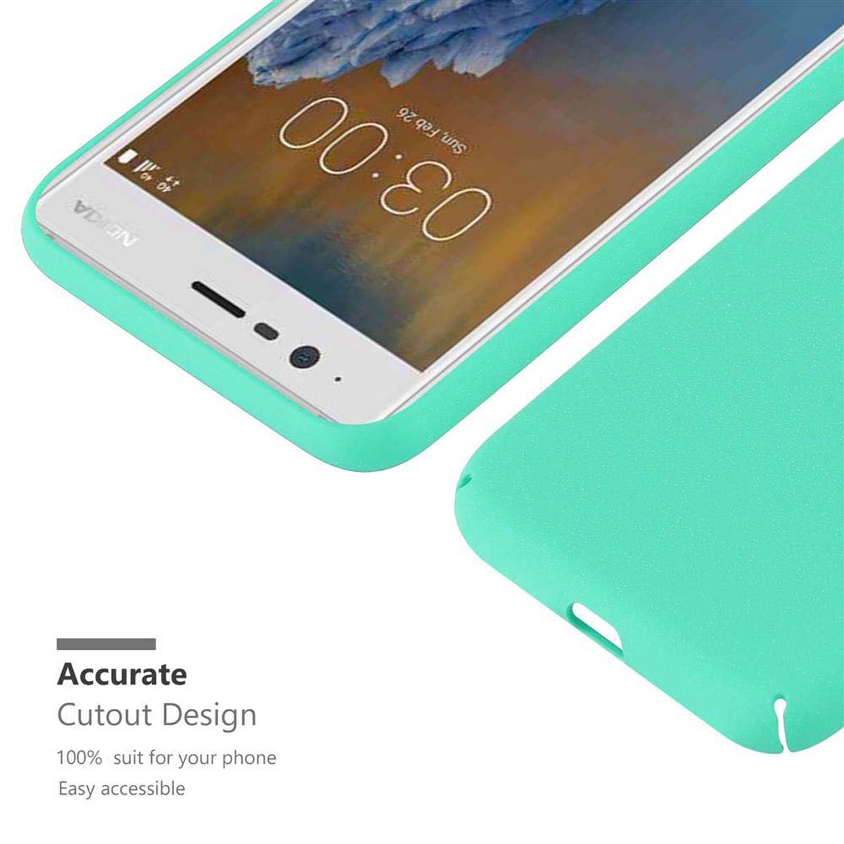 Custodia per telefono turchese su un telefono bianco. Mostra uno schermo del telefono. Il testo dice "Design di ritaglio accurato".