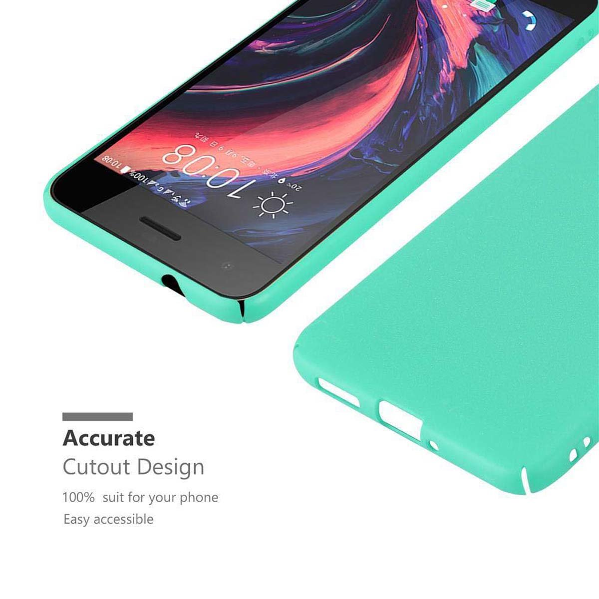 Un telefono e una custodia sono mostrati. La custodia è verde acqua. È visibile il design preciso del ritaglio per il telefono.