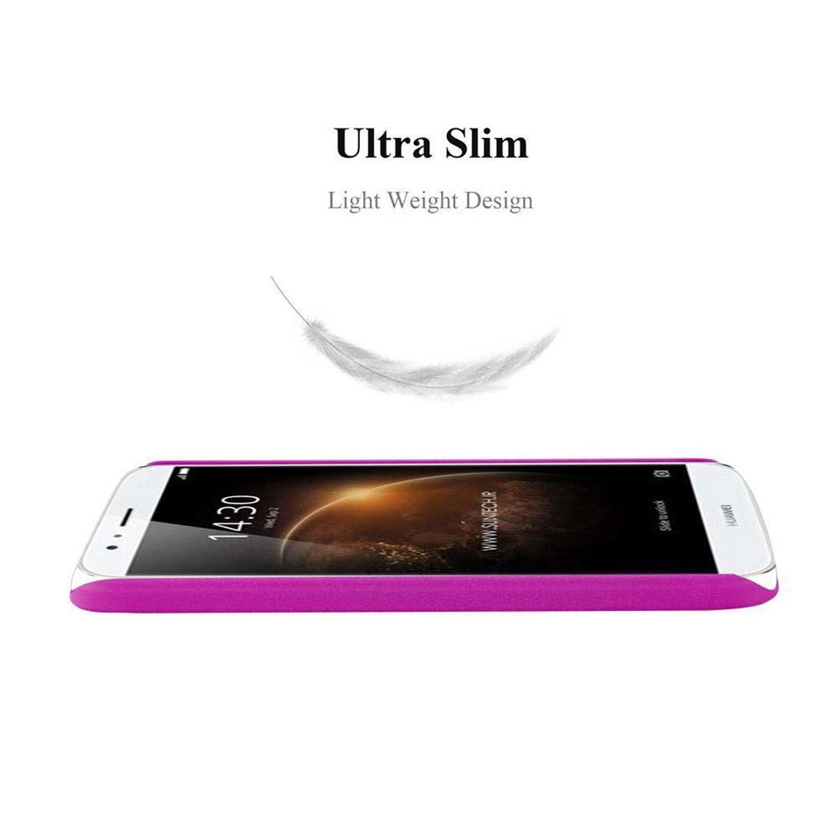 Teléfono con funda rosa, ilustración de pluma y el texto 'Ultra Slim Light Weight Design'.