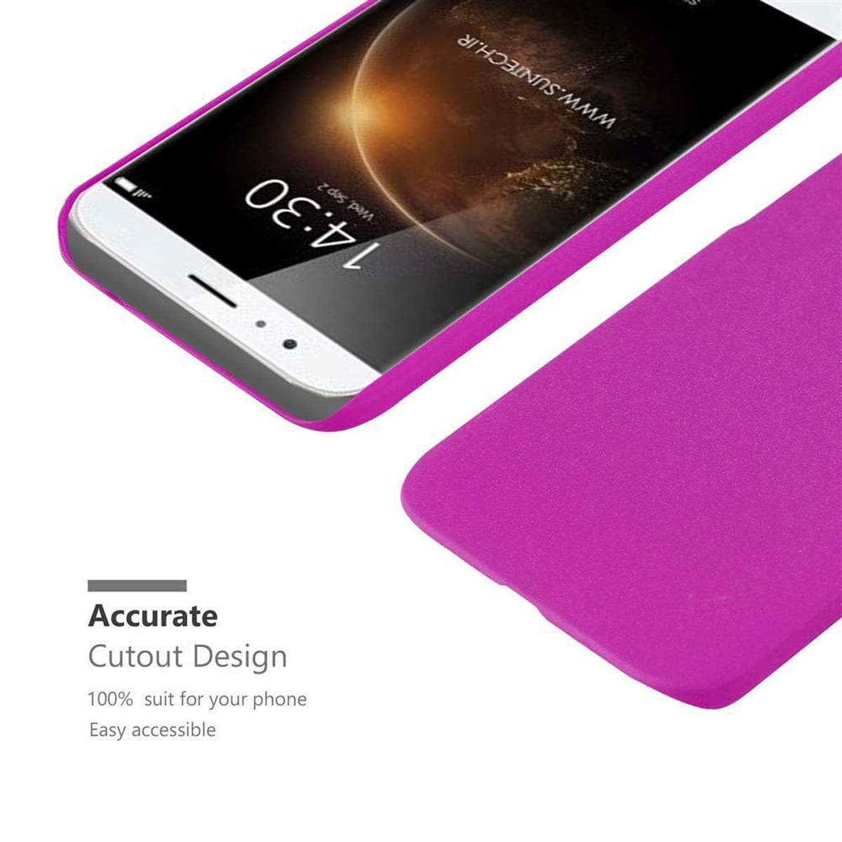 Teléfono con web en pantalla y funda rosa.