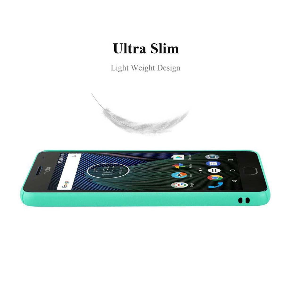 Custodia per telefono con telefono all'interno. Testo: Ultra sottile, Design leggero. Piuma che fluttua sopra il telefono.