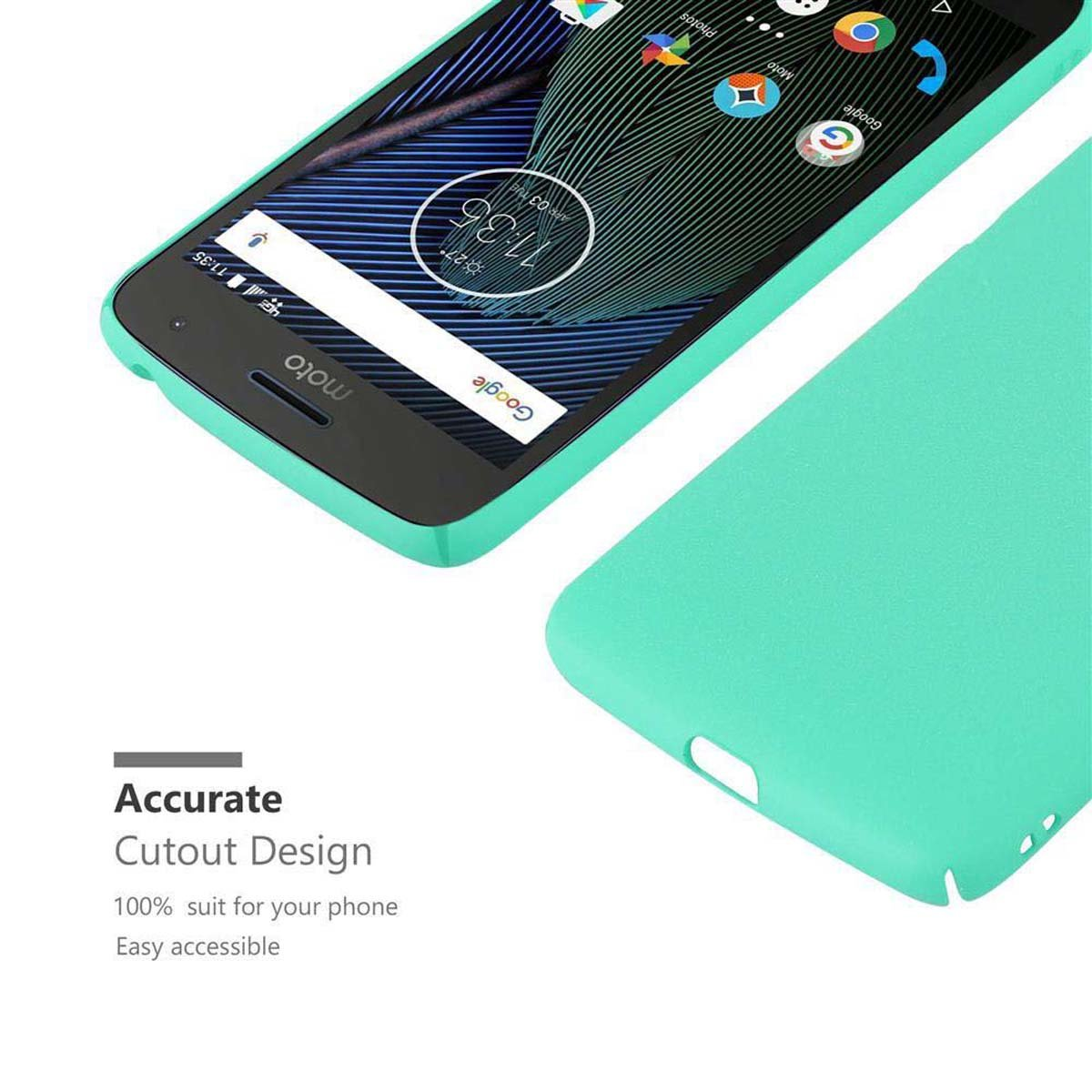 Custodia per telefono verde menta su un telefono cellulare, con le app sullo schermo. Design ritagliato.