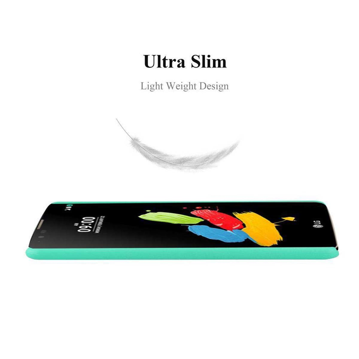 Ein ultradünnes, mintfarbenes Telefon mit farbenfrohem Bildschirm liegt auf weißem Hintergrund. Eine Feder schwebt darüber.