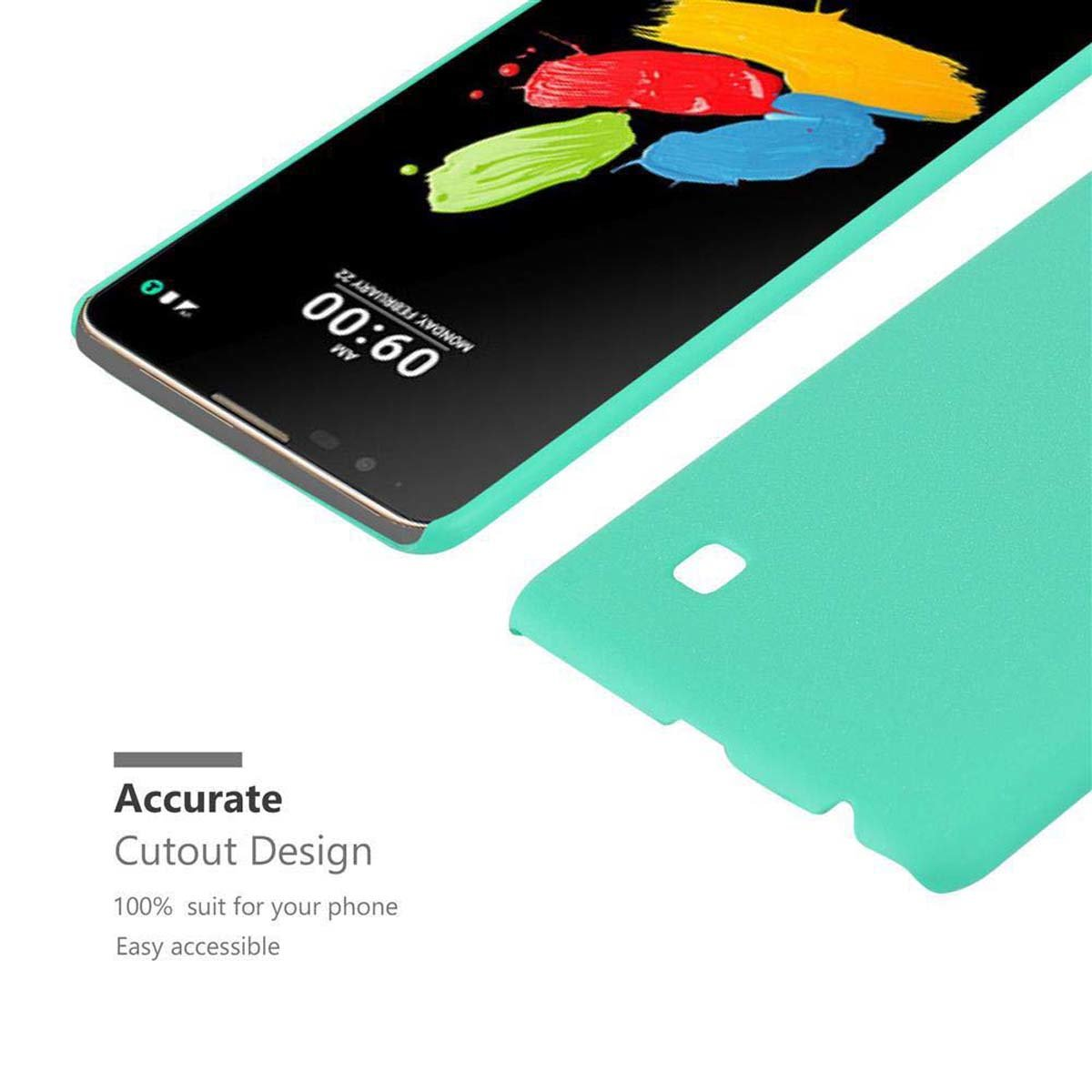 Hellgrünes Telefon mit schwarzem Bildschirm. Tealfarbene Hülle mit Ausschnittdesign.