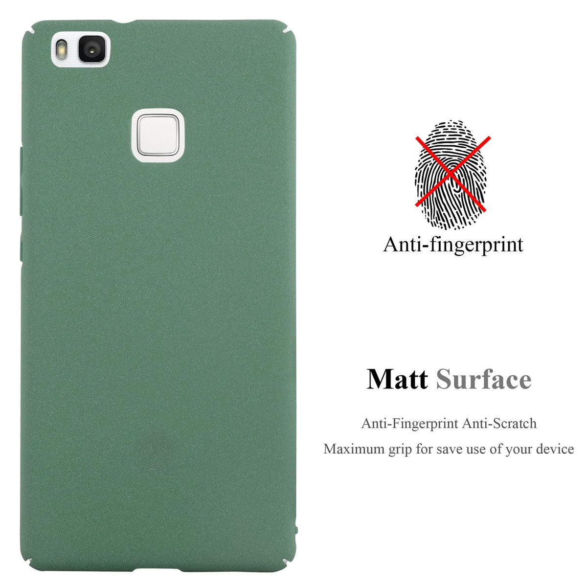 Custodia verde per telefono con superficie opaca. Caratteristiche anti-impronta e antigraffio evidenziate.