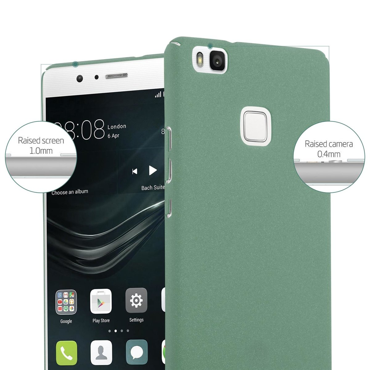 Custodia verde su un telefono. Dettagli della fotocamera e dello schermo evidenziati.