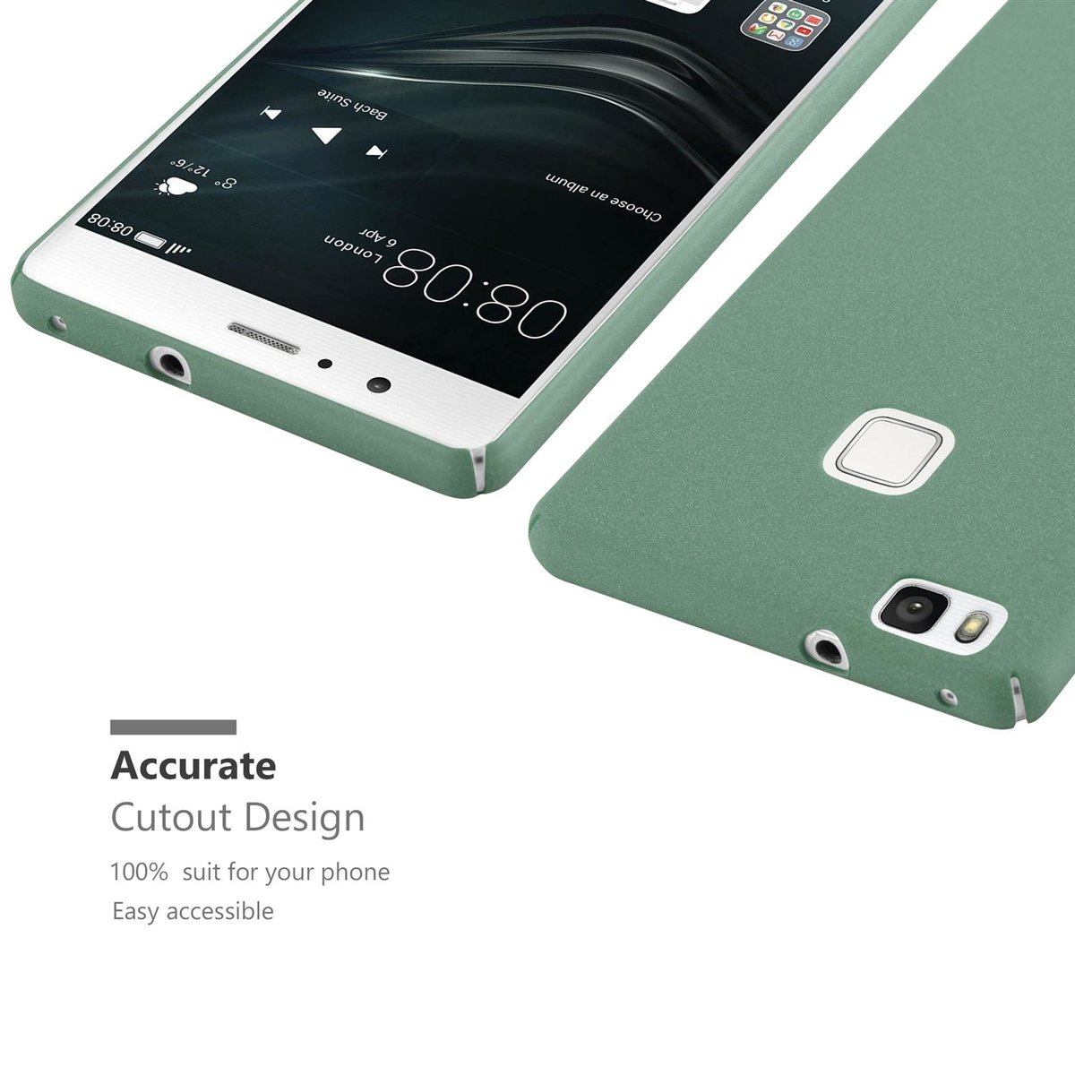Due custodie verdi per telefoni, una mostra lo schermo del telefono, l'altra il retro. Il testo dice 'Accurate Cutout Design'.