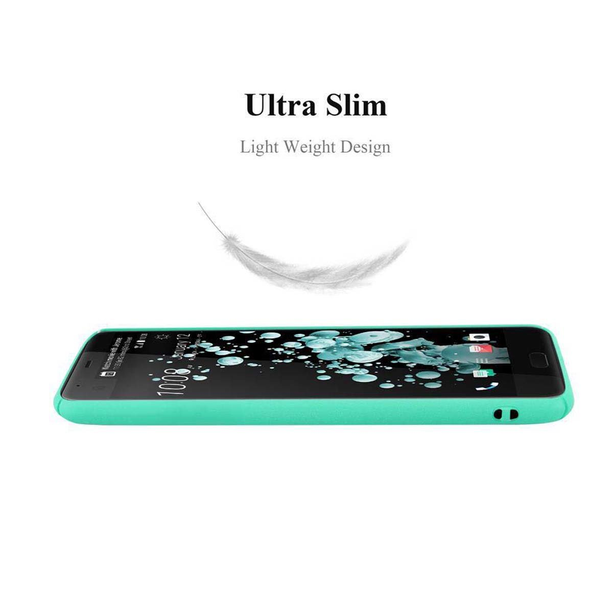 Mintgrünes Telefon mit Hülle. Weißer Hintergrund mit schwebender Feder über dem Telefon.