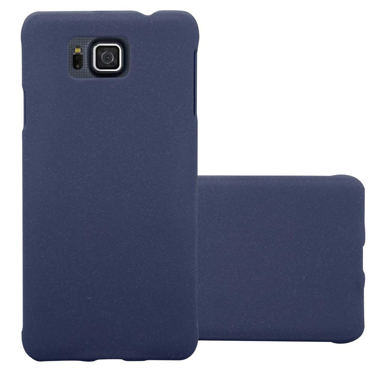 Una funda de teléfono azul marino. La funda cubre la parte trasera del teléfono. Otra funda es visible.
