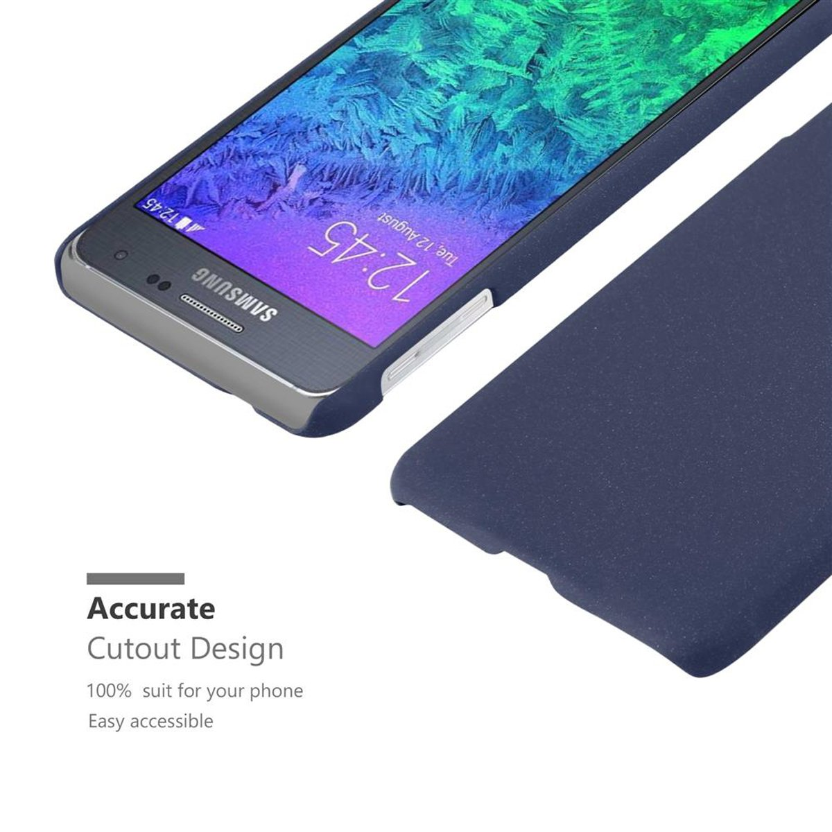 Teléfono con funda, mostrando pantalla con texto y funda azul.