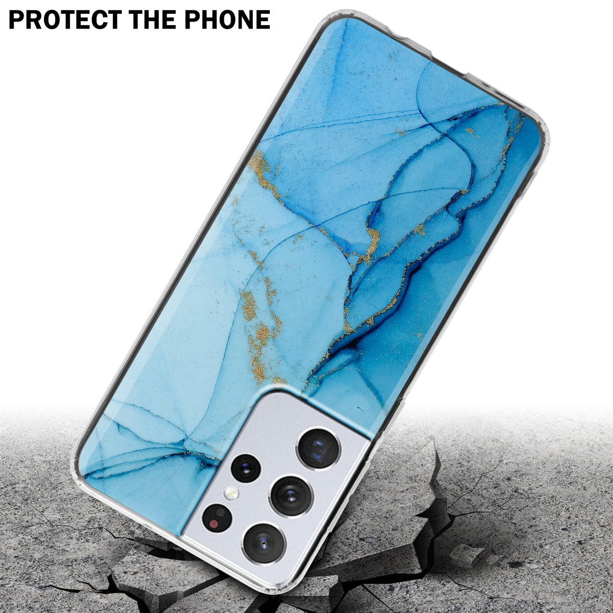 Telefono in custodia blu su terreno crepato. Custodia con design a marmo blu. Testo: Proteggi il telefono.