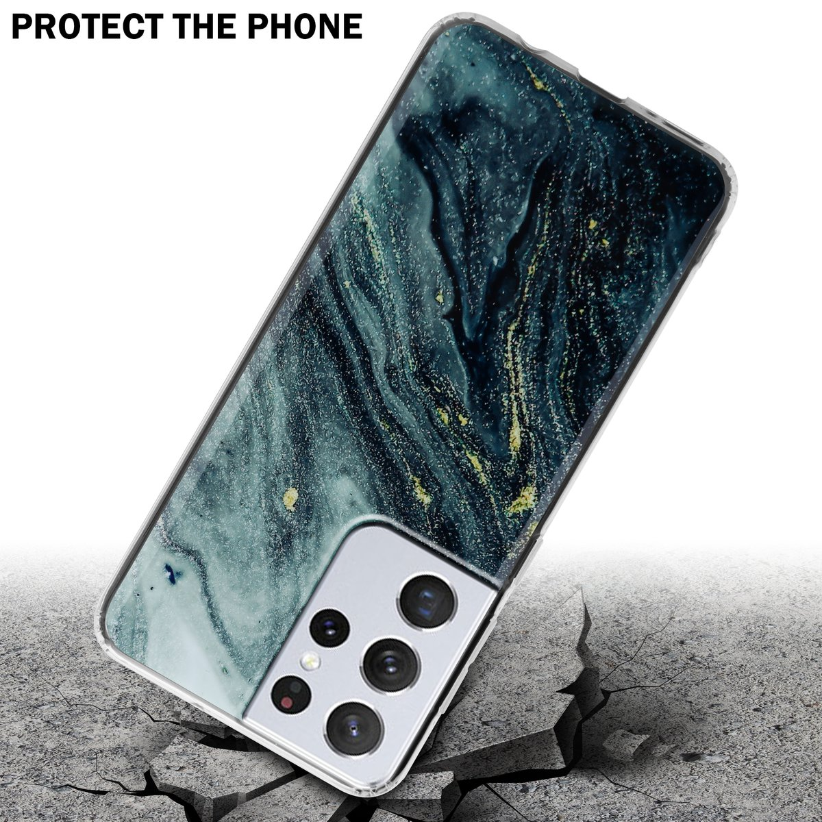 Una custodia per telefono su un telefono, a terra con crepe.
