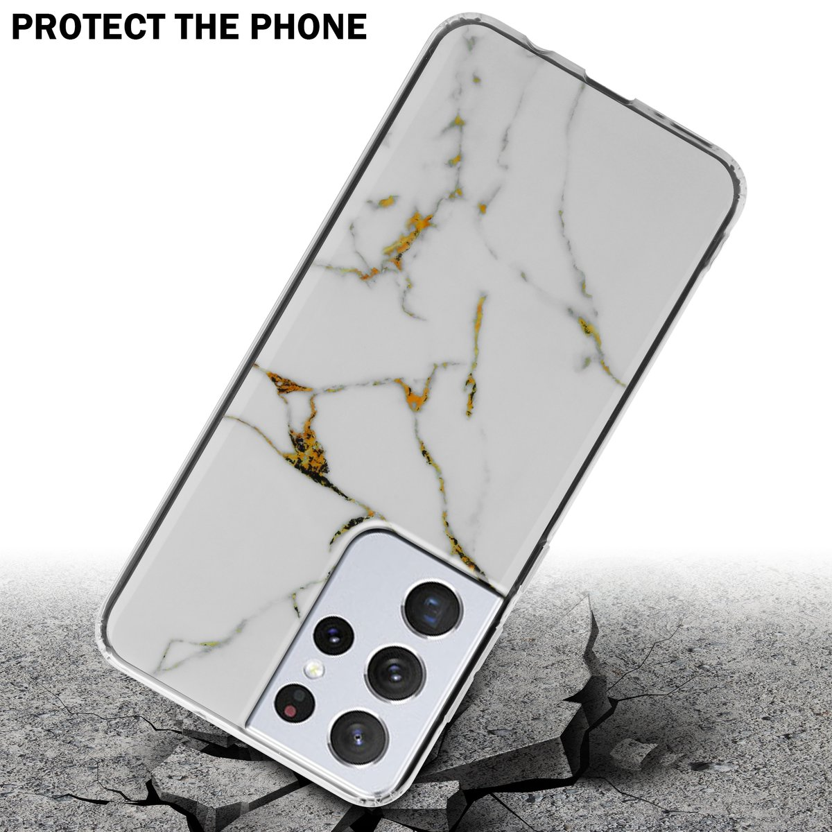 Un telefono in una custodia sembra essere caduto, con una superficie frantumata sottostante, che protegge il telefono.