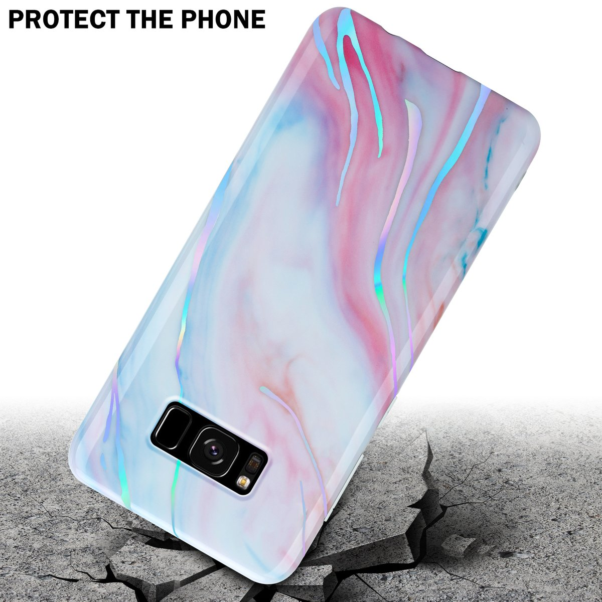 Custodia per telefono bianca e blu con design a marmo, caduta su un terreno crepato.