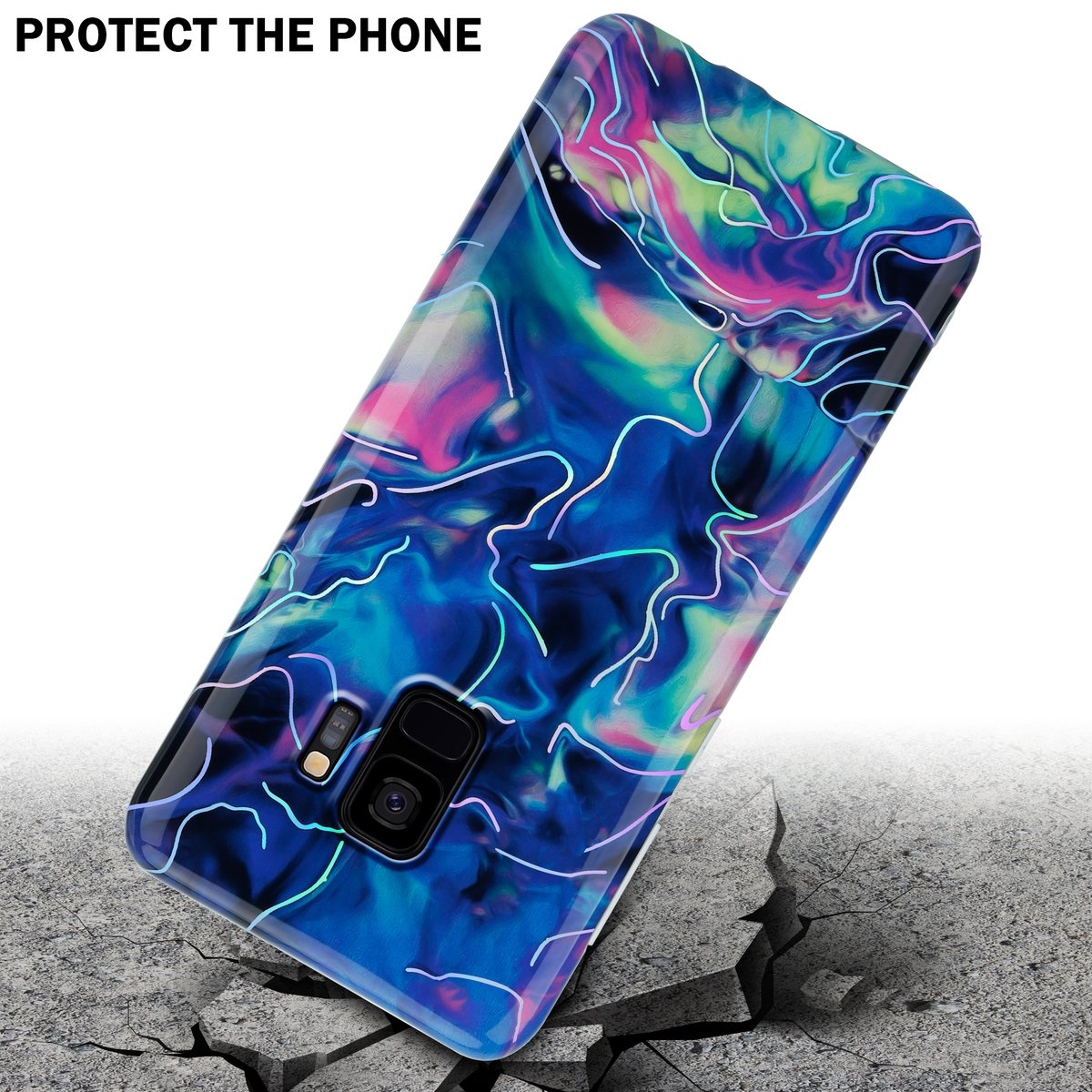 Custodia del telefono a terra, crepe. La custodia ha un design a spirale colorato. Testo: proteggere il telefono.