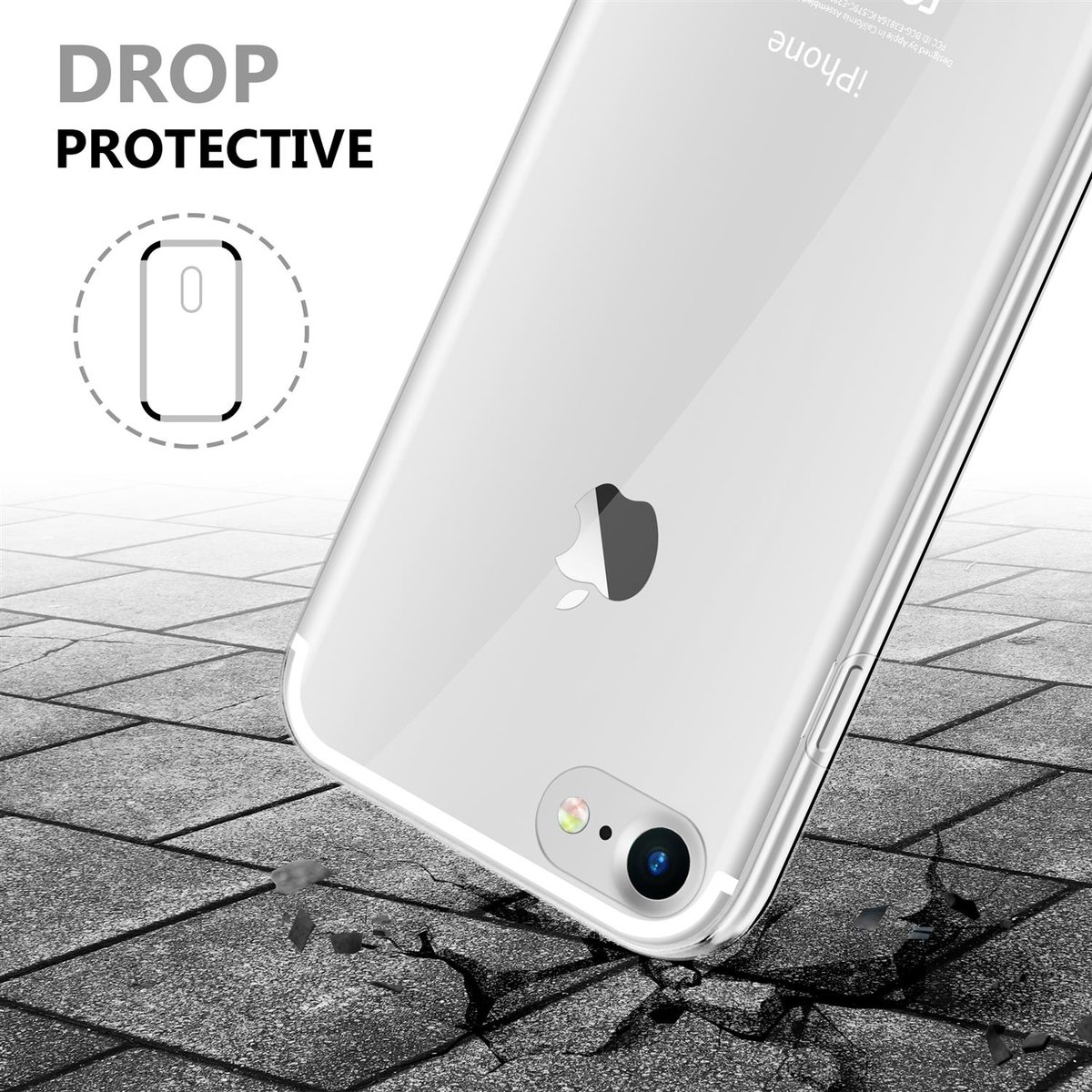 Custodia trasparente per telefono su pavimento in pietra. Logo Apple visibile. Testo protettivo in alto a sinistra.