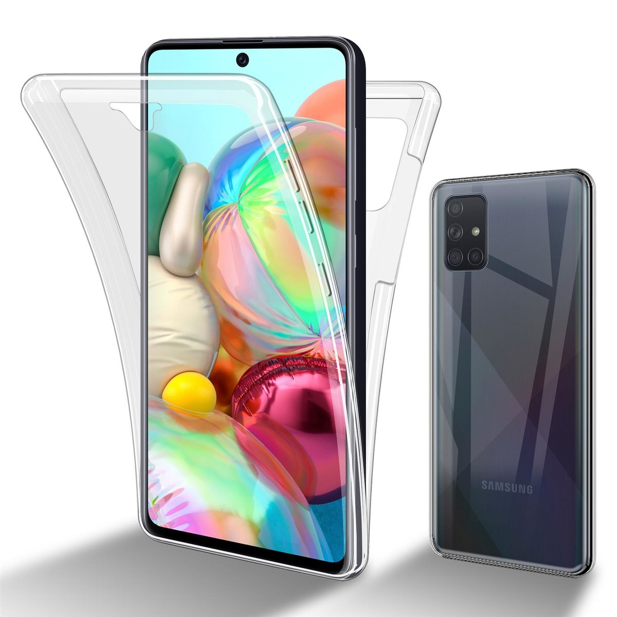 Smartphone in einer transparenten Hülle mit einem Telefon daneben. Rosa Hintergrund sichtbar.