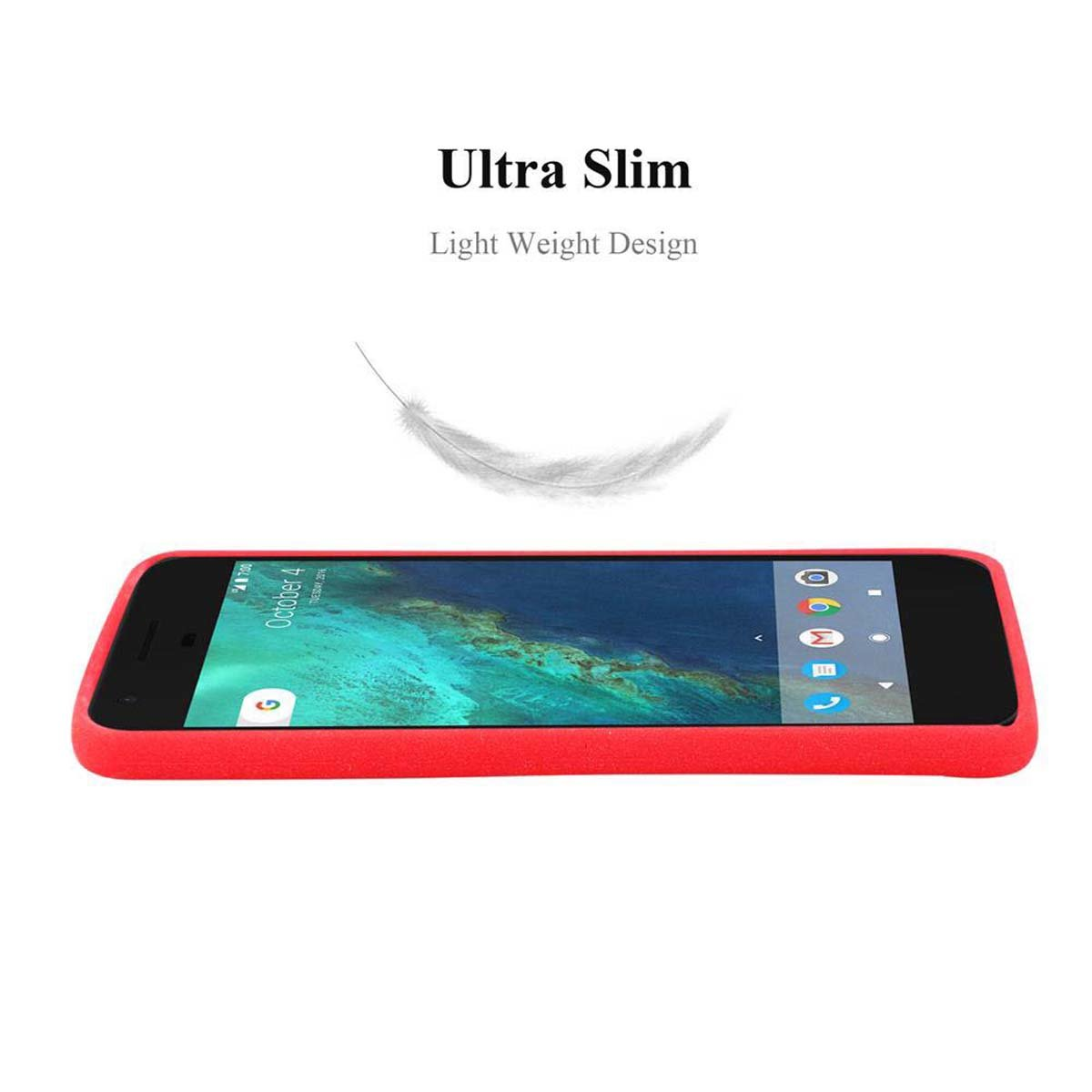 Ein rotes Telefon liegt horizontal mit rotem Rand, das den Bildschirm zeigt.