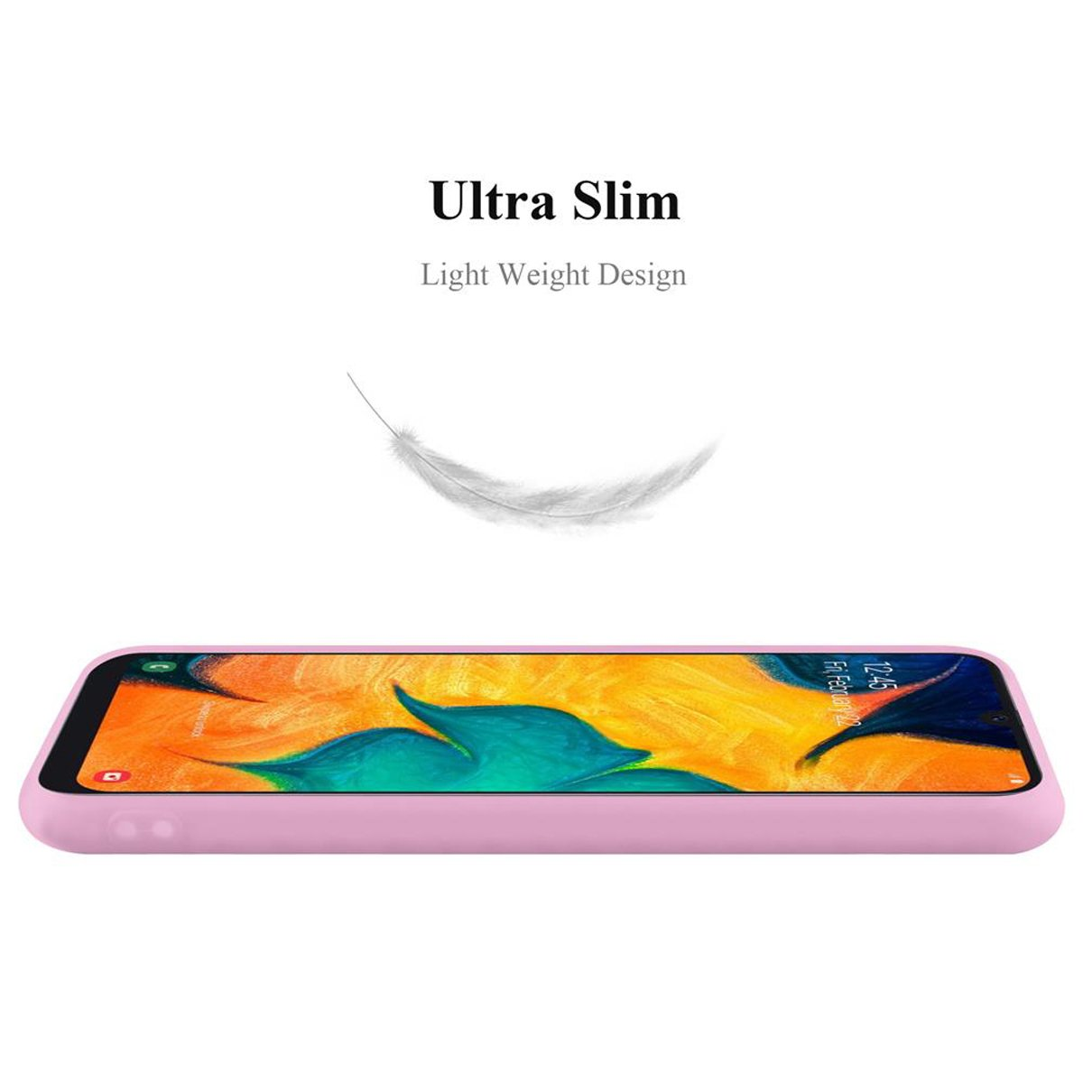 Una custodia rosa su sfondo bianco. Il testo sopra dice: Ultra Slim, Light Weight Design.