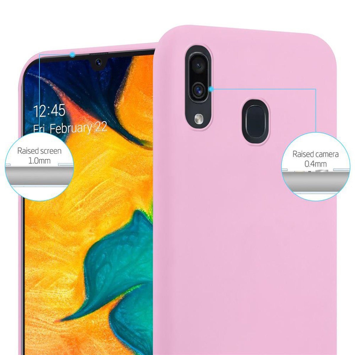 Custodia rosa per telefono che mostra schermo e fotocamera rialzati.