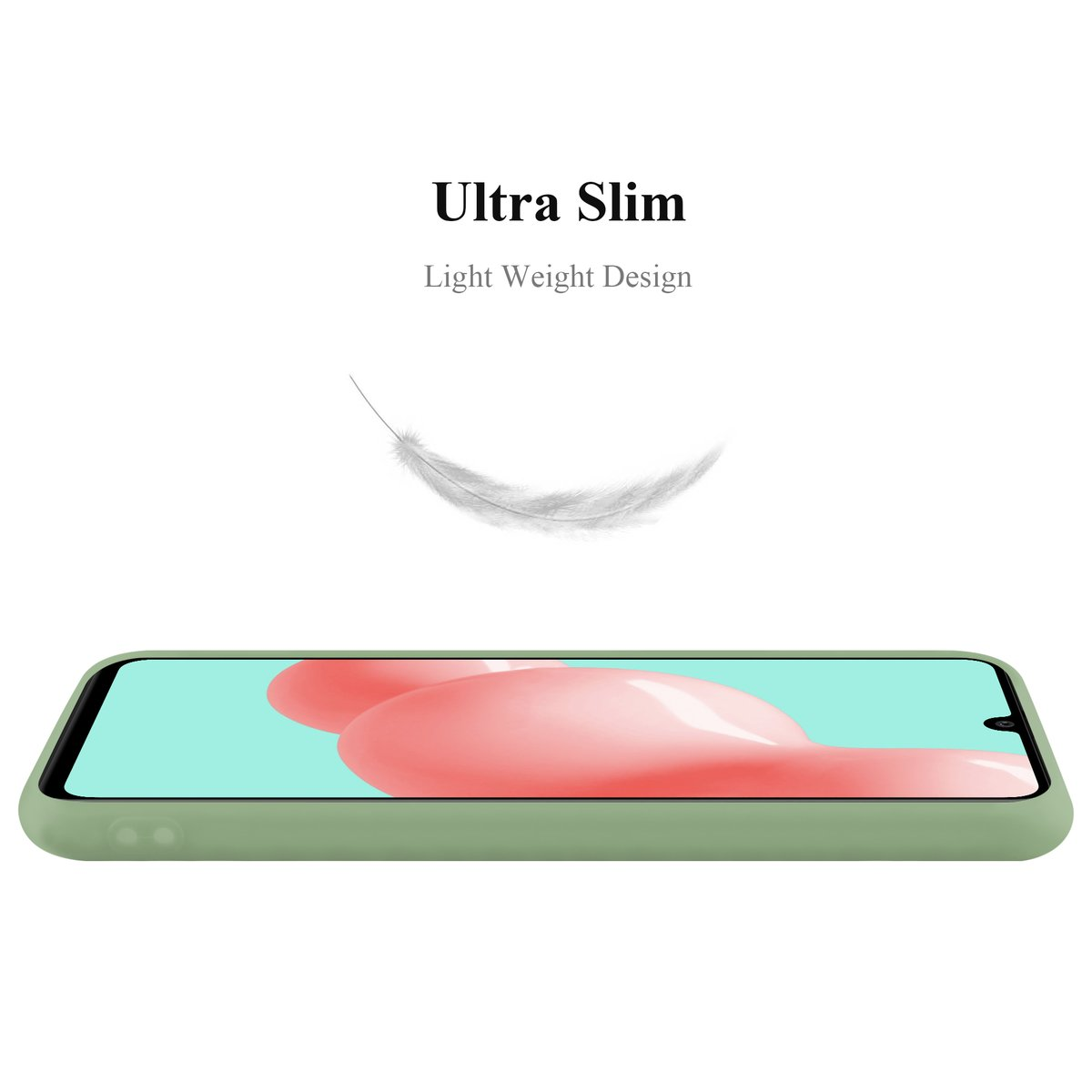 Grüne Handyhülle auf weißem Hintergrund. Text: Ultra Slim, Light Weight Design. Eine weiße Feder schwebt darüber.