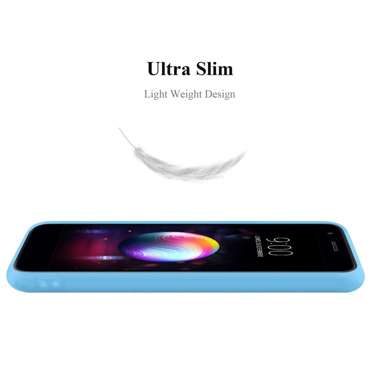 Una custodia per telefono azzurra su un telefono, con uno sfondo chiaro e una piuma.