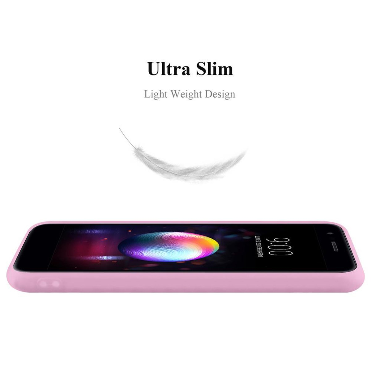 Una custodia per telefono rosa con una piuma leggera. La custodia è sottile e leggera.