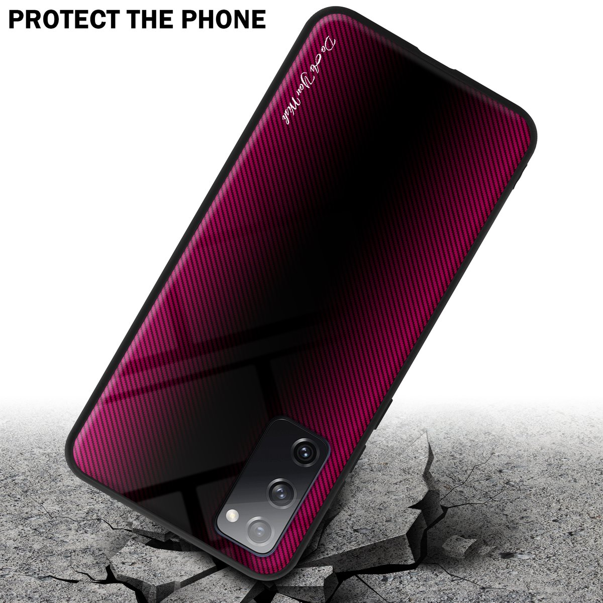 Custodia per telefono rossa e nera su superficie incrinata. Testo: Proteggi il telefono.