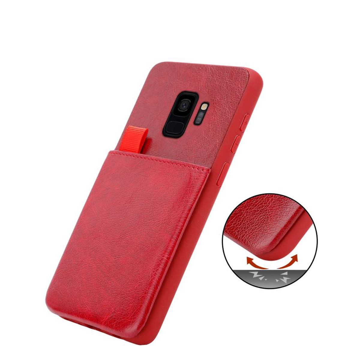 Custodia per telefono rossa con fessura per carte, trama in pelle rossa con primo piano della custodia.