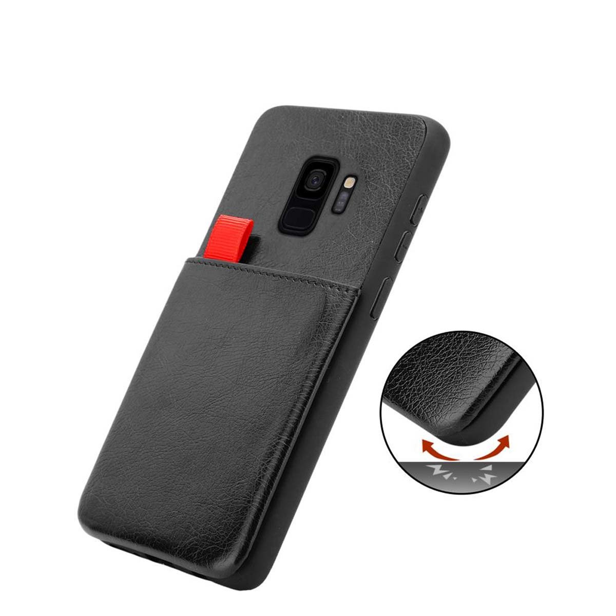 Custodia nera per telefono con slot per schede e linguetta rossa. Sfondo bianco con primo piano.