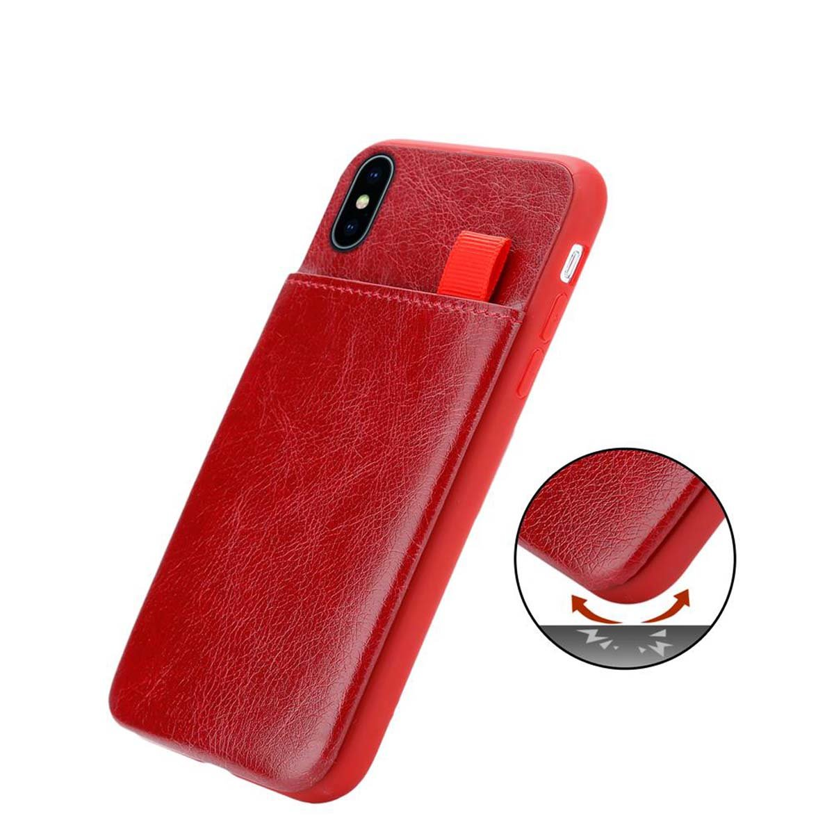 Custodia per telefono in pelle rossa con linguetta rossa e primo piano sulla trama della pelle.