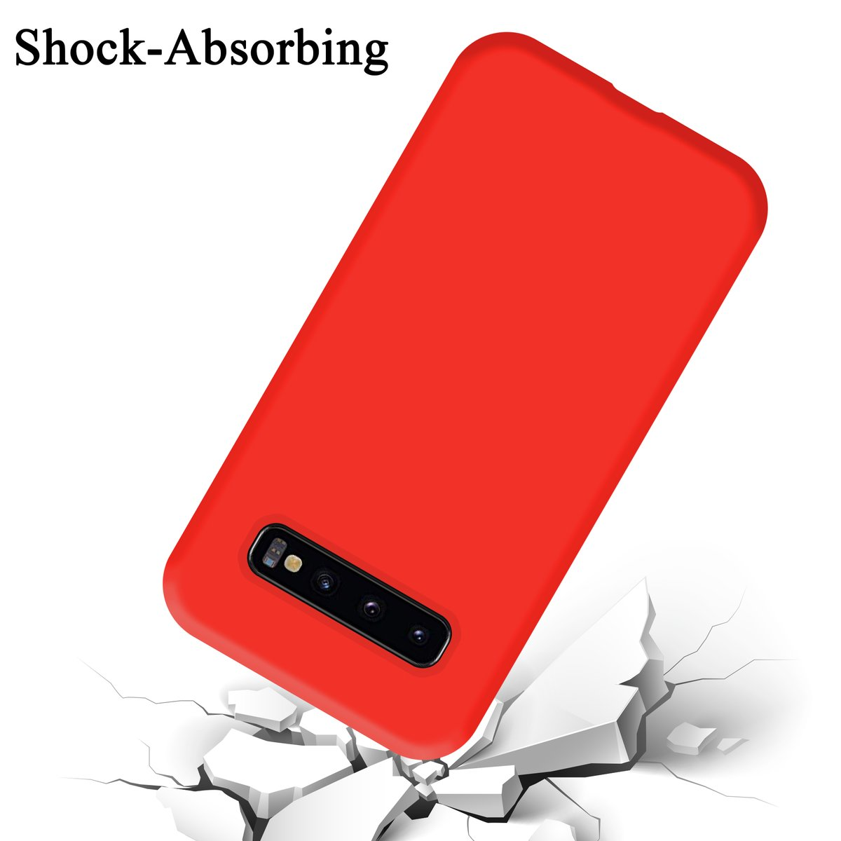 La custodia rossa del telefono cade e colpisce il suolo, rompendolo. La parola 'Shock-Absorbing' in alto.