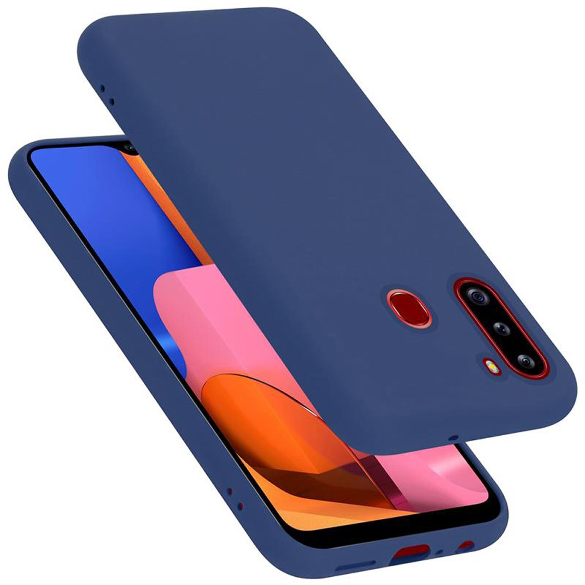 Blaue Handyhülle mit Telefon. Das Telefon hat einen hellrosa Farbton.