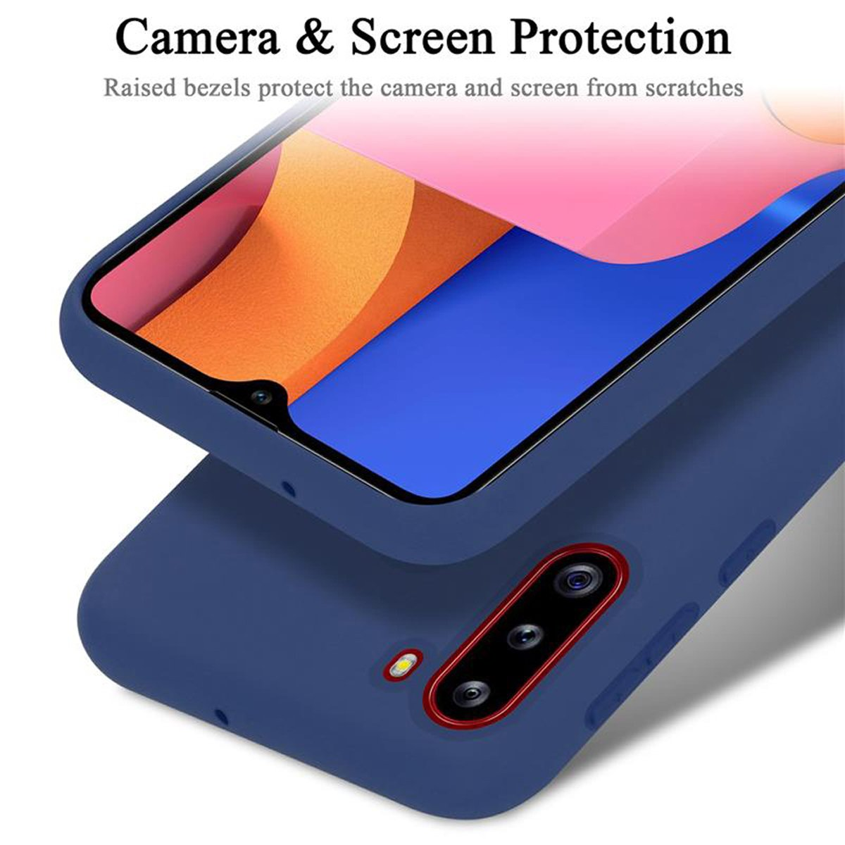 Blaue Handyhülle mit Telefon, zeigt Kamera- und Bildschirmschutzfunktionen.
