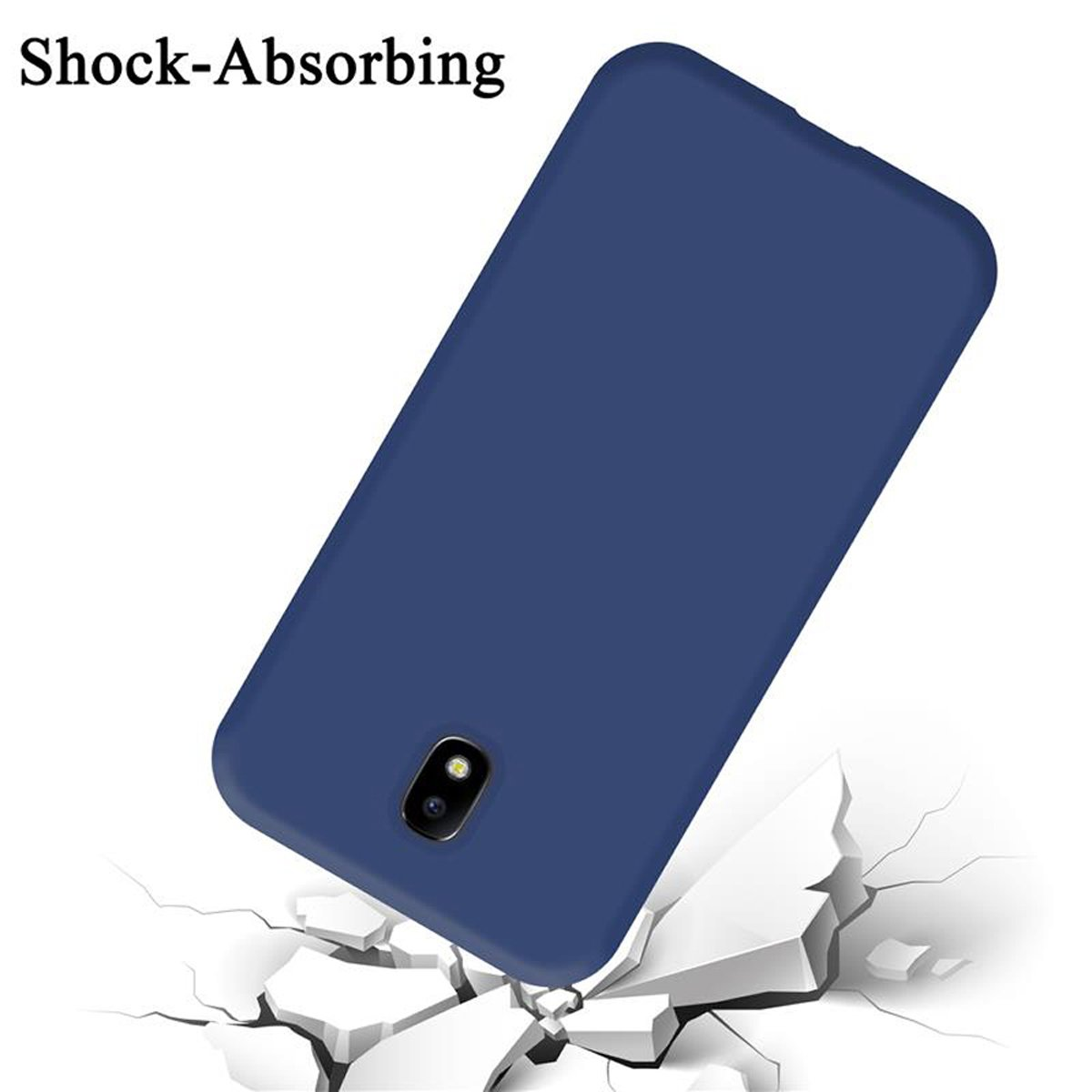 Una custodia blu per telefono appoggiata su una superficie incrinata. La custodia ha un foro per la fotocamera e protegge il telefono.