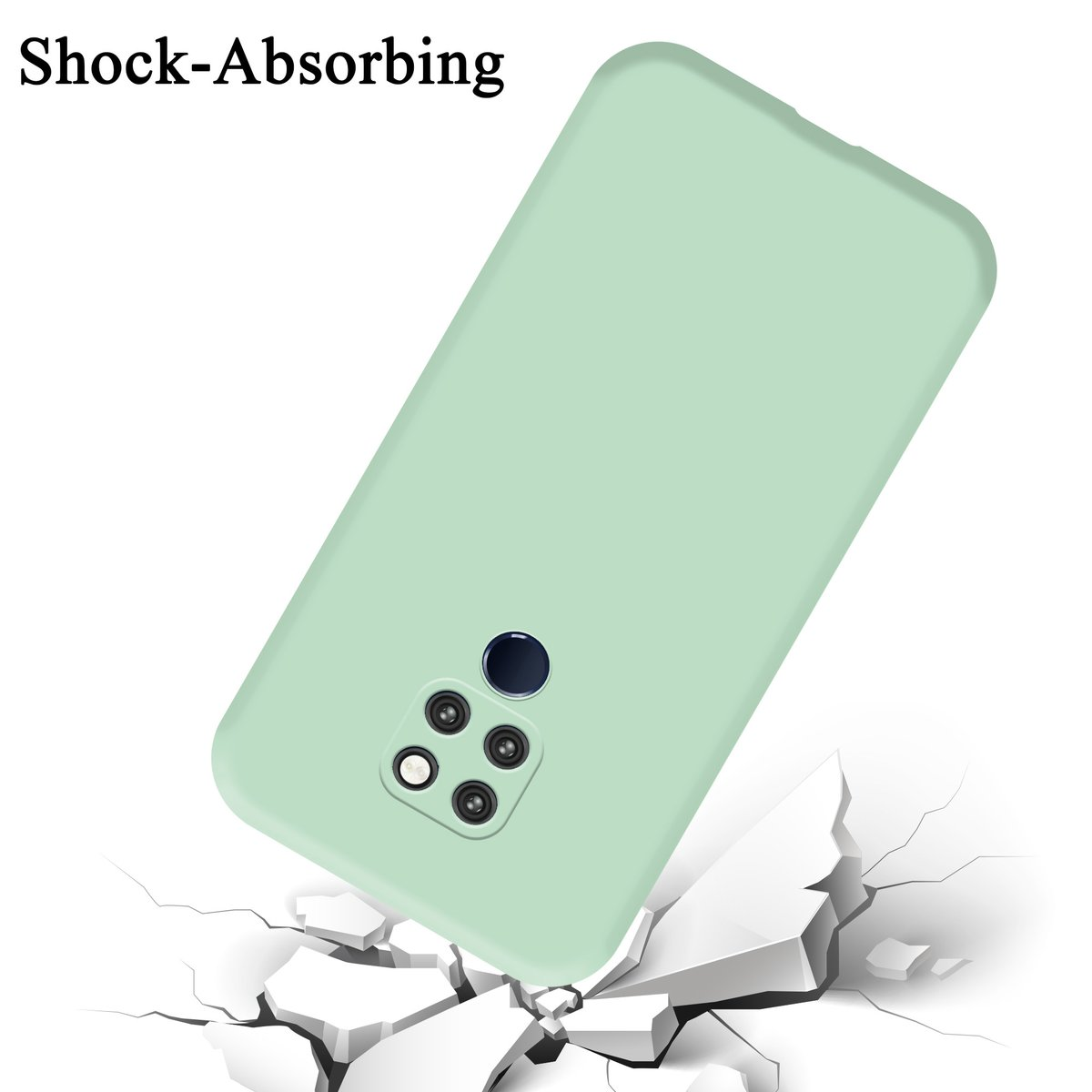 Custodia per telefono verde menta che cade, pavimento incrinato sotto, ritagli per fotocamera.